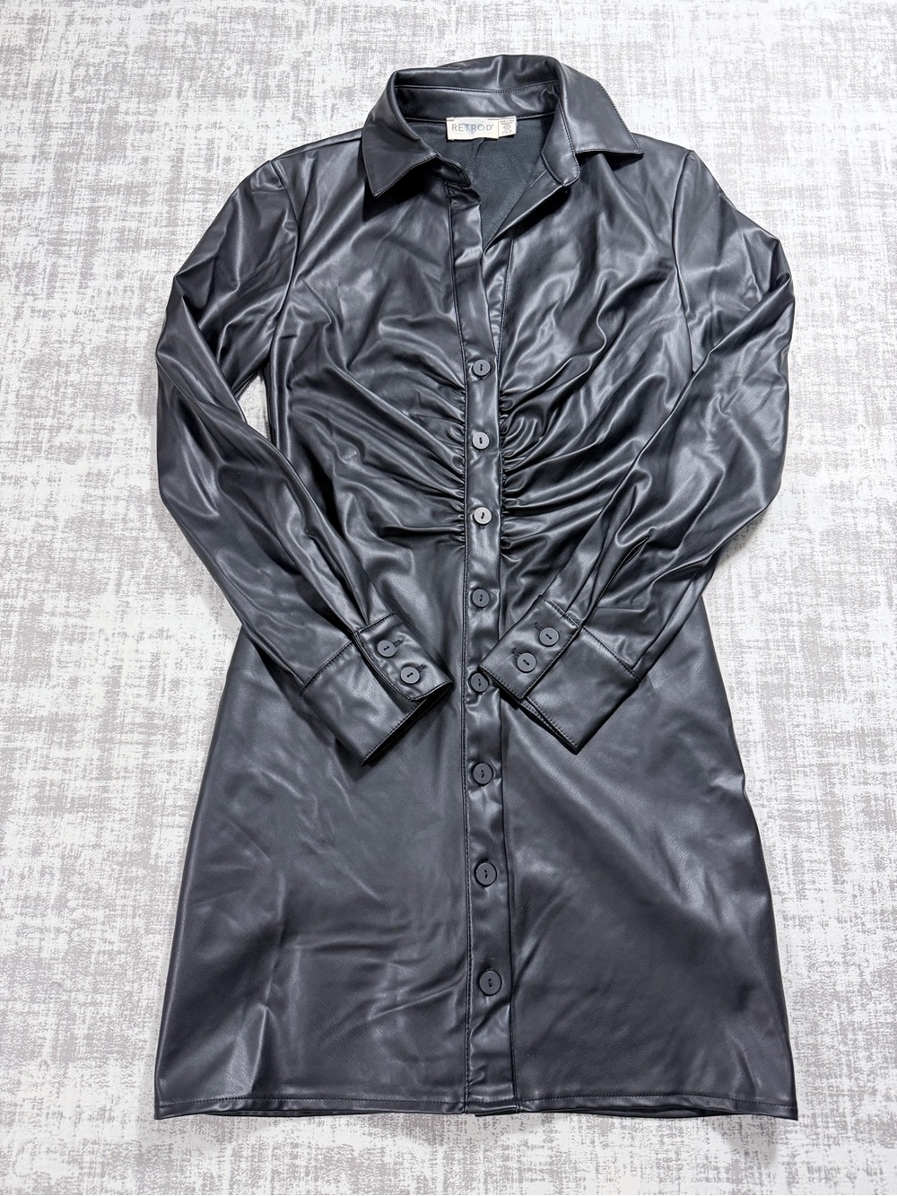 Y2K RetroD Black Faux Leather Ruched Shirt Dress Size Small